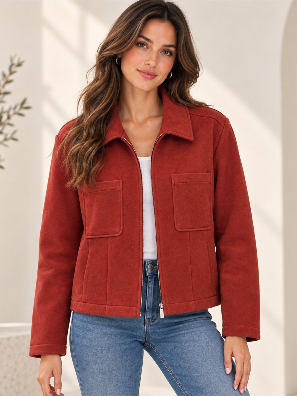 bagatelle Faux Suede Cropped Rust Jean Jacket